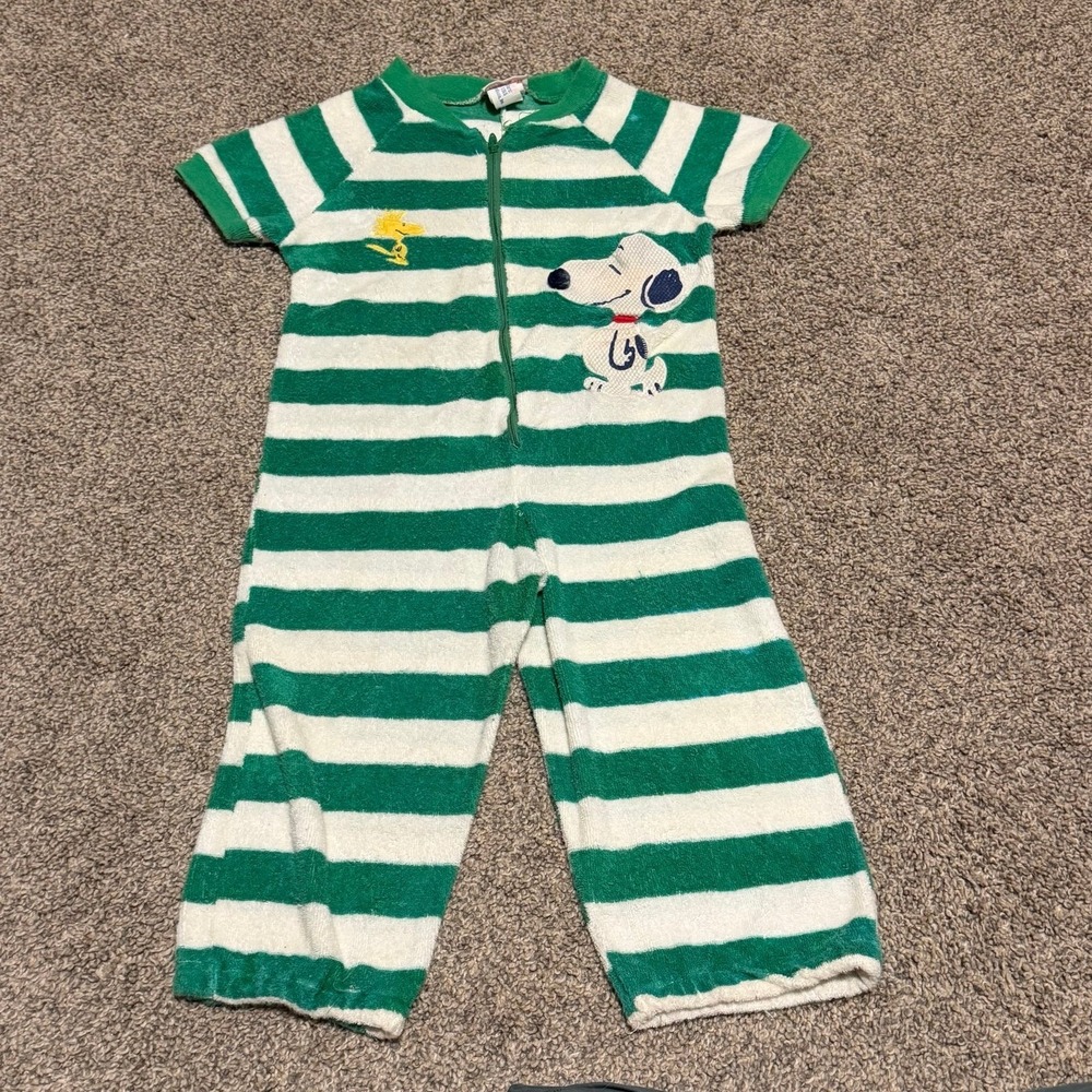 Vintage Snoopy Baby Terry‎ Cloth Cover Up Romper Green Stripe 2T Peanuts